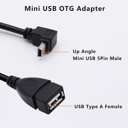 90 Degree Mini USB to USB A OTG Adapter Cable 5.5in Up Angle Mini USB 5-Pin Type B Male to USB Type A Female Adapter Cord for Digital Cameras,Black,14cm(2 Pack,UP)