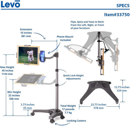 Levo V16 Tablet Floor Stand for iPads, iPad mini, New iPad Pro, Galaxy, Nexus, Xoom, Surface Pro, Miix, Nook, Fire, and Other Tablets and eReaders Black Color