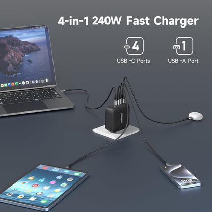 240W GaN Charger, 4-Port USB C Fast Charging Station with 140W Max PD 3.1 Port, Compact Travel Wall Adapter for MacBook Pro/Air M3/M2/M1, Laptops, iPhone 15/14, Galaxy S24/S23, iPad, Steam Deck