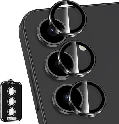 for Samsung Galaxy S24 FE Camera Lens Protector, Individual Metal Ring Tempered Glass Lens Cover, [Strong Adsorption] Scratch Resistant Ultra-Thin HD Clear Lens Cover, 1 Set-Black Ring