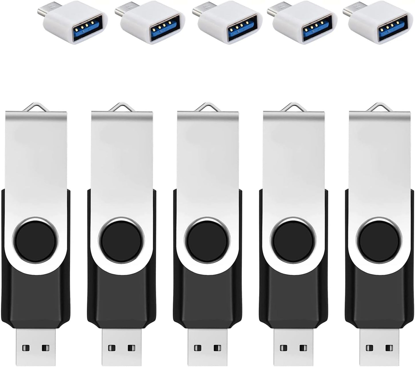 5 Pack 32GB USB Flash Drive with Type C Adapter and Storage Box USB 2.0 High Speed Metal Pen Drive 360° Rotatable Storage Memory Stick for Phone/Pad/PC/Laptop/Android - Black(5-Pack 32GB)