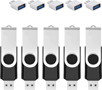 5 Pack 128GB USB Flash Drive with Type C Adapter and Storage Box USB 2.0 High Speed Metal Pen Drive 360° Rotatable Storage Memory Stick for Phone/Pad/PC/Laptop/Android - Black(5-Pack 128GB)