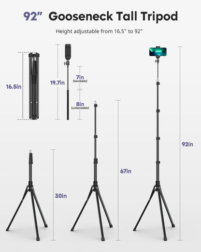 Aureday Phone Tripod, 92" Cell Phone Stand with 15" Gooseneck, Remote and Phone Holder, Overhead & Selfie Stick for Recording/Watching/Vlog, Compatible with iPhone Android