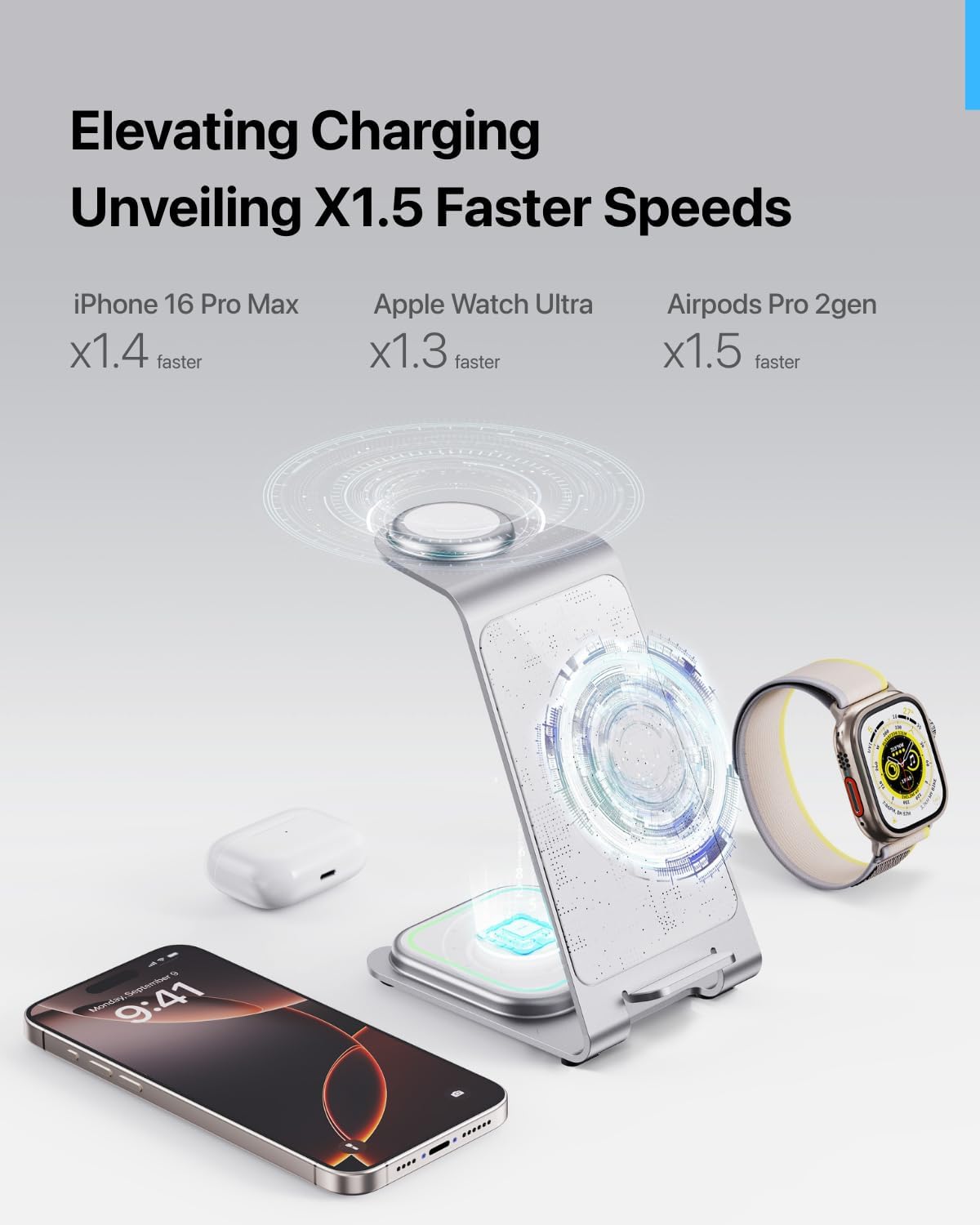 Intoval 3 in 1 Wireless Charging Station for iPhone 16 15 14 13 12 11 X Pro Max, Wireless Charger for Apple Watch 10 Ultra 3 SE 9 8 7 6 5 4 3 2, for AirPods 4 Pro Pro 2 3 (Y93, Silver)
