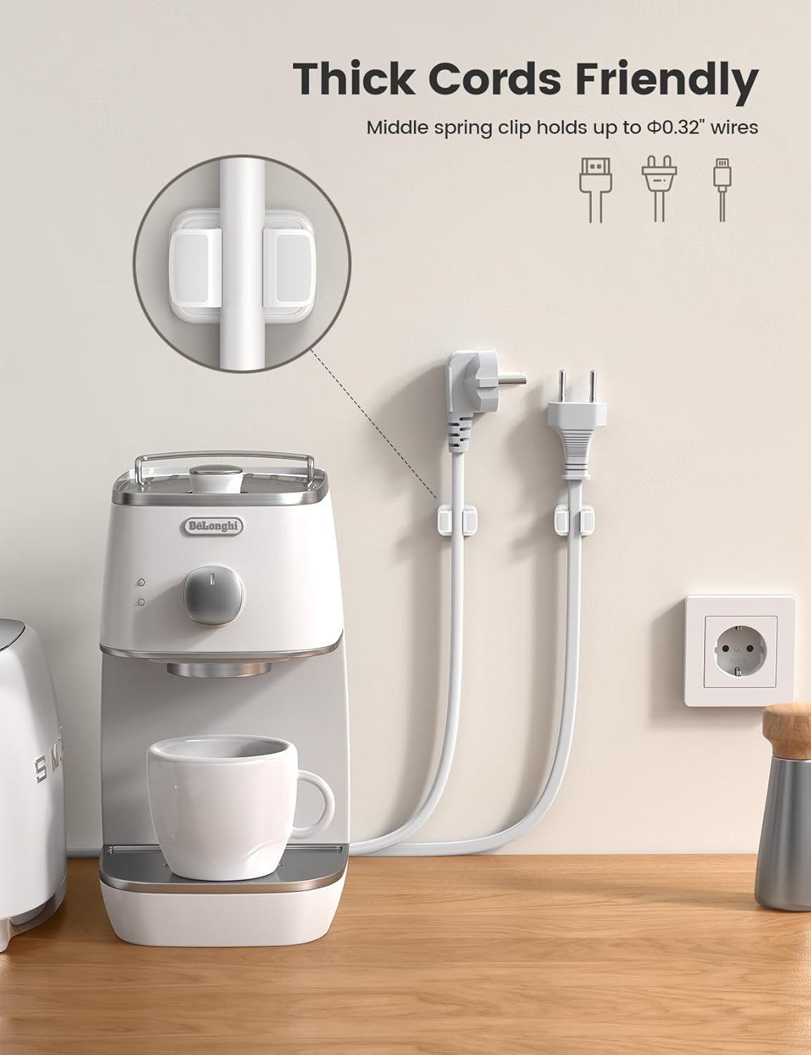 3-in-1 Cord Organizer Spring Clip Holder - Lamicall Small Desk Cable Organizer Clips, Adhesive Adjustable Wire Holder for Phone Charging Cord, Cable Management, Office Desk Accessories, White, 3Pcs