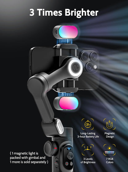 3-Axis Gimbal Stabilizer for Smartphone w/RGB Magnetic Fill Light Phone Gimbal for iPhone/Android Foldable iPhone Stabilizer w/Upgraded Face Tracking Vlog Recording-Smart X Pro Kit