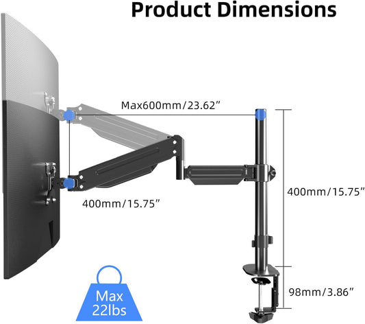Pholiten Premium Single Monitor Arm for 13-32 Inch Computer Holds 22 lbs,Gas Spring Monitor Stand for Desk with Swivel/Tilt/Rotation, VESA 75x75 or 100x100mm