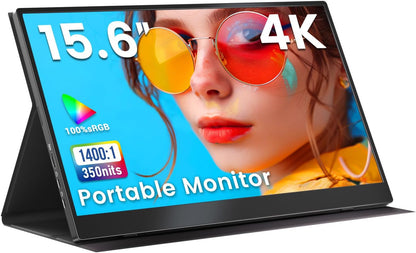 Portable Monitor 4K 15.6 inch UHD 3840X2160 100% sRGB USB-C HDMI IPS HDR External Second Screen Portable Travel Monitor for Laptop MacBook PS5/4 Xbox with Speakers, VESA Compatible