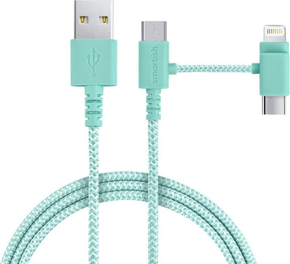 Smartish USB-C/Lightning Cable for iPhone 16/15/14 - Crown Joule - 6Foot Universal Fast Fabric Wrapped Charging Cable w/Micro-USB - Apple MFi Certified for iPhone 13/12/SE/iPad/AirPods/Android - Green