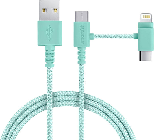 Smartish USB-C/Lightning Cable for iPhone 16/15/14 - Crown Joule - 6Foot Universal Fast Fabric Wrapped Charging Cable w/Micro-USB - Apple MFi Certified for iPhone 13/12/SE/iPad/AirPods/Android - Green