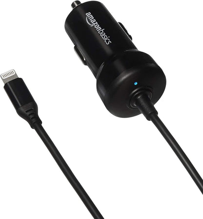 Amazon Basics 12W (5V, 2.4A) Car Charger with Lightning Cable (Straight) for iPhone and Apple Devices, 3 ft - Black