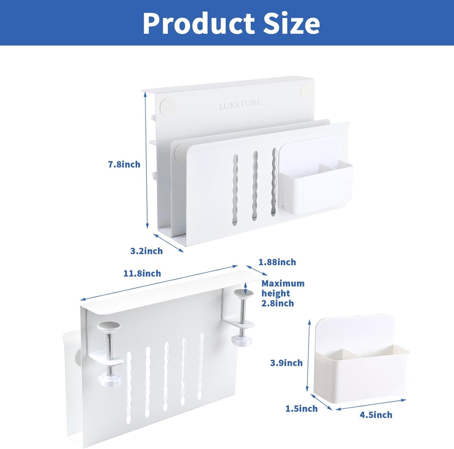 LUKETURE Laptop Holder, Steel Desk Side Storage, No Drill Standing Desk Accessories, Clamp on Laptop Mount with Pen Holder, Fits Flat Edge Tables 0.3" to 2.8" (White, L(2 Tier))