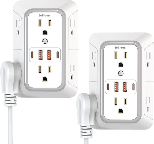 2 Pack Wall Charger, Surge Protector 6 Outlet Extender Multi Plug Wall Outlets with 4 USB Charging Ports (2 USB C Outlet) 3 Sided 1050J Power Strip Wall Adapter Spaced for Home Travel Office