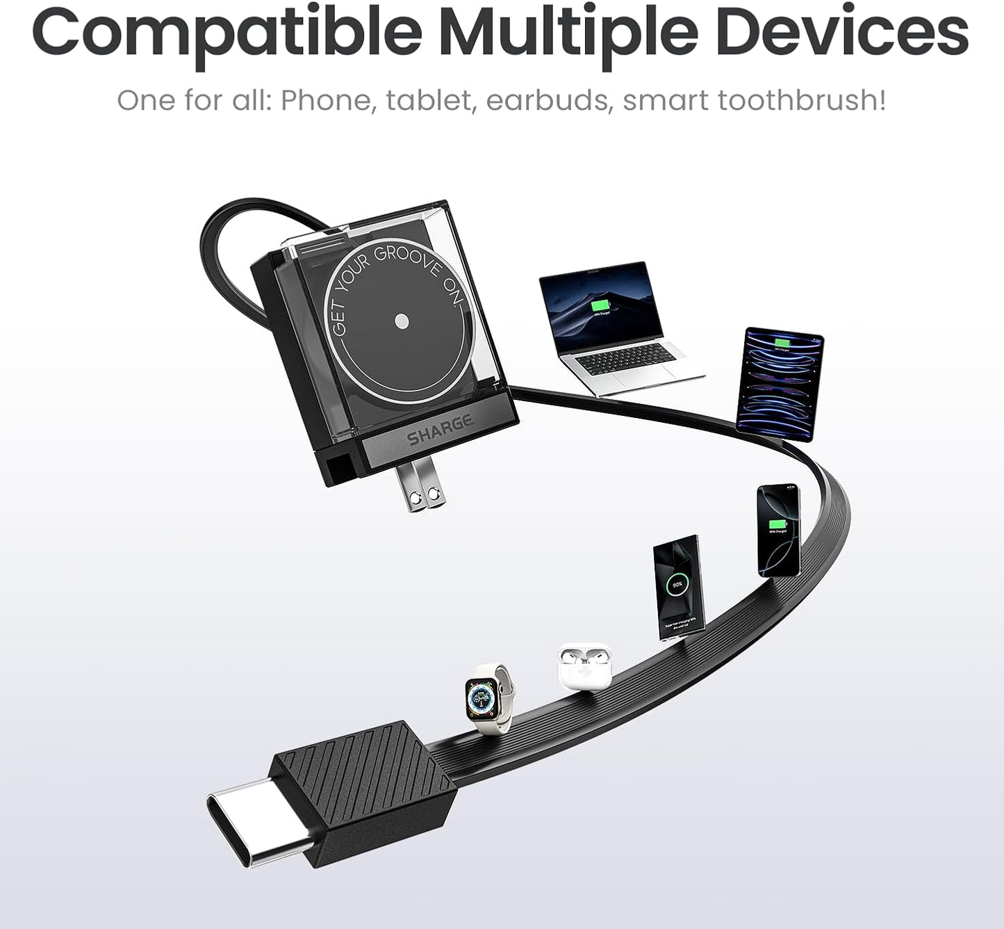 Retractable 65W USB C Charger, GaN Power Wall Charger with Retractable Cable, 2 Devices PD Fast Charging for MacBook Pro/Air, iPhone 16,Pixel Book, iPad Pro Black