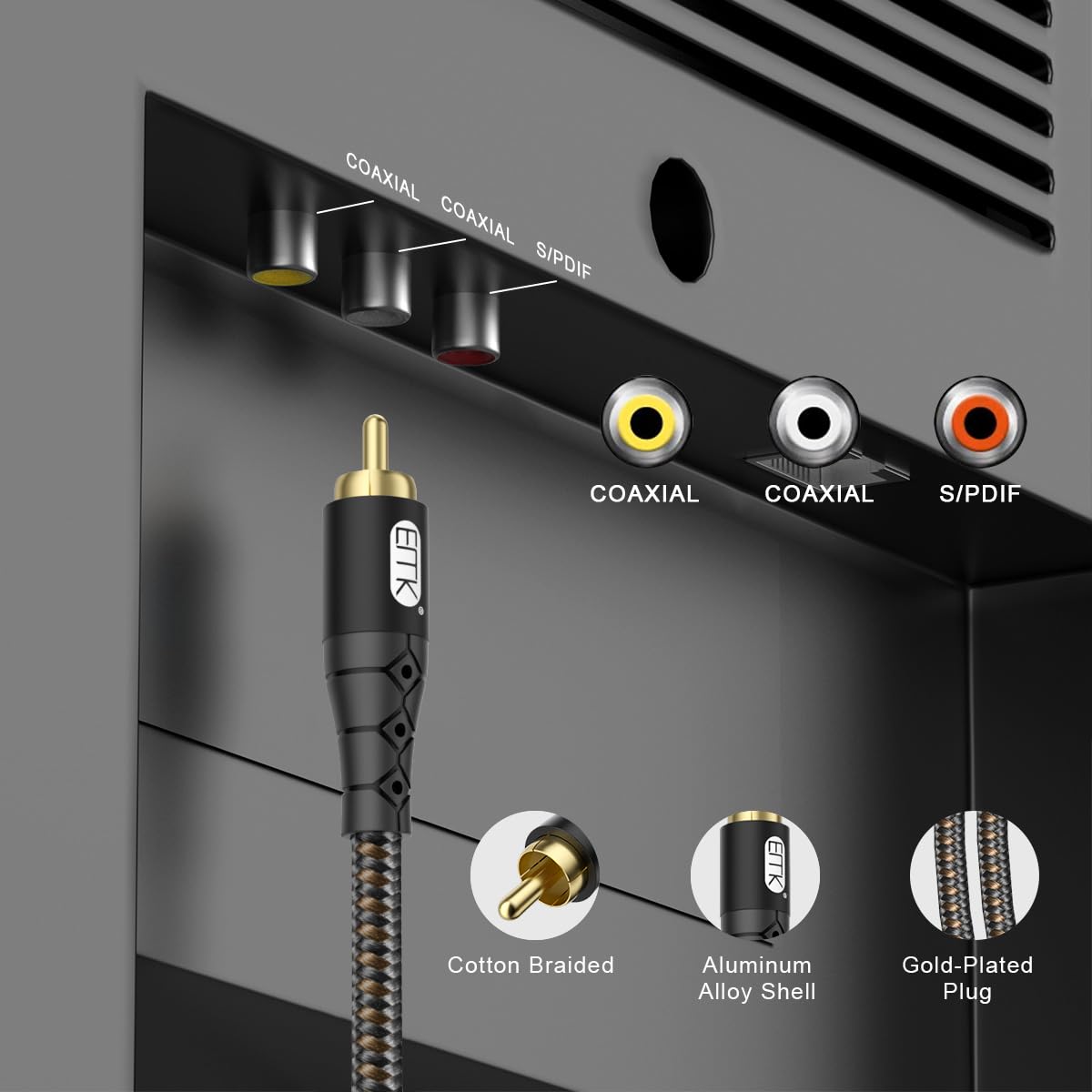 EMK RCA to RCA Subwoofer Cable – 24K Gold-Plated Connector Nylon Braided Double Shielded Audio Cable Digital&Analog Signal Support for Amplifiers Subwoofer Home Theater Hi-Fi Systems Black/10ft/3m
