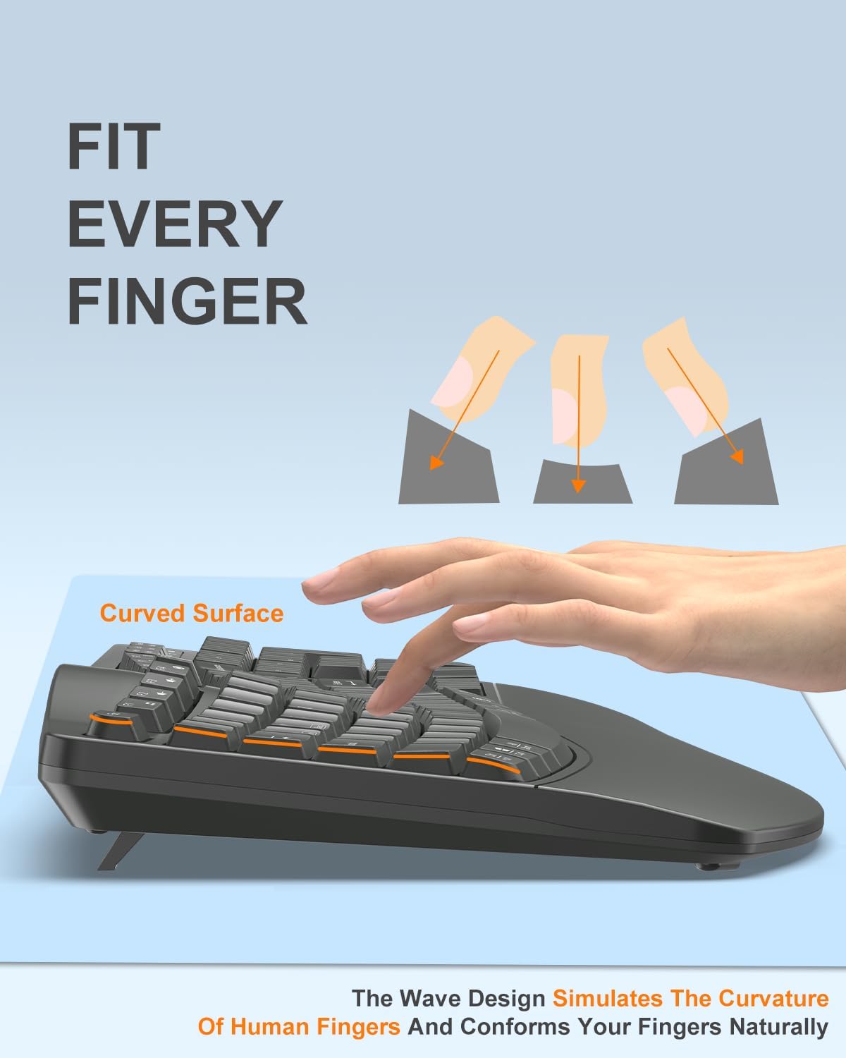 EDJO Ergonomic Wireless Keyboard for Large Hands, with Wrist Rest, Wave Keys, 2.4GHz Full Size Ergo Cordless USB Computer Keyboard, Comfortable Natural Typing, for Laptop, Mac, Windows (Gray)