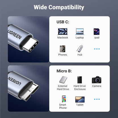 UGREEN 10 Gbps Micro B to USB C Hard Drive Cables, 1.5FT USB C to Micro B, External Hard Drive Cable Compatible with MacBook Pro/Air, iPad/Tablet, iPhone, Samsung Galaxy S24, WD Seagate etc