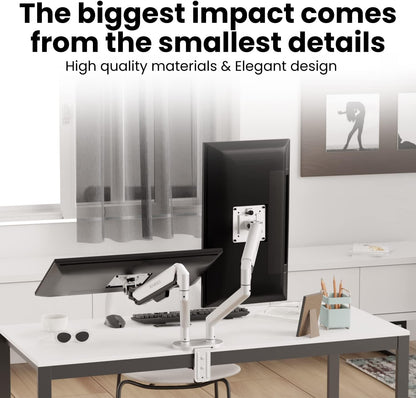 EVEO Premium Dual Monitor Mount 14"-35” Dual Monitor Arm VESA Bracket Adjustable Height Gas Spring Dual Monitor Stand, Screen Full Motion Dual Monitor Arm-Computer Monitor Stand for 2 Screens - White