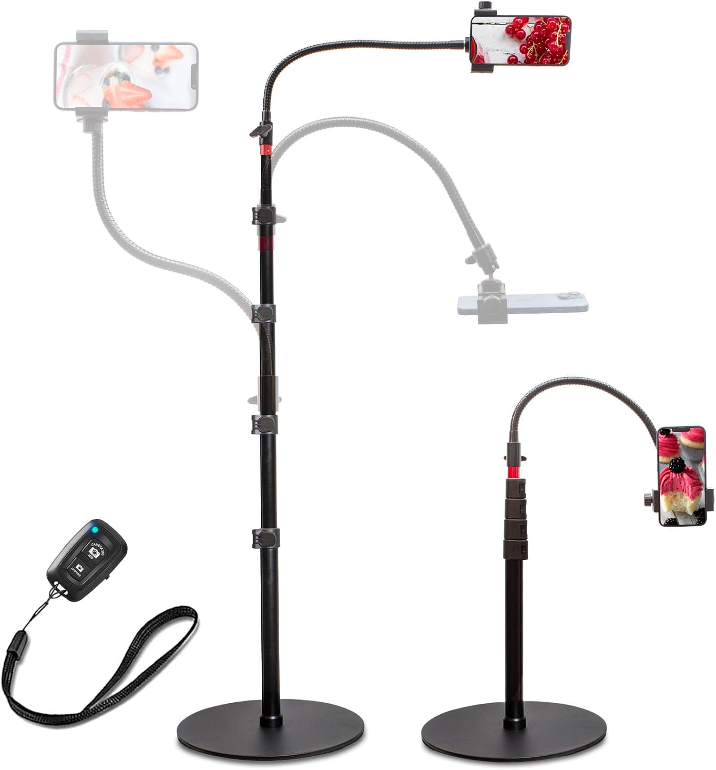 Phone Overhead Stand, Gooseneck Phone Floor Stand, Tall Video Cell Phone Mount with Height Adjustable Stand, Heavy Base, 360 Head, Works with iPhone 16, 16 Pro Max, 16 Plus, 15, 14, 13