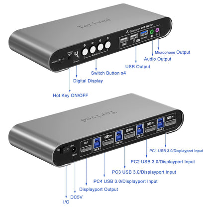 4 Computers 1 DP Monitor Automatic KVM Switch 4K@144Hz 8K30Hz with Complete Cable Set, Hotkey Switching, Support Audio Microphone and USB Hub, Aluminum Alloy Shell, Digital Display, HDR10
