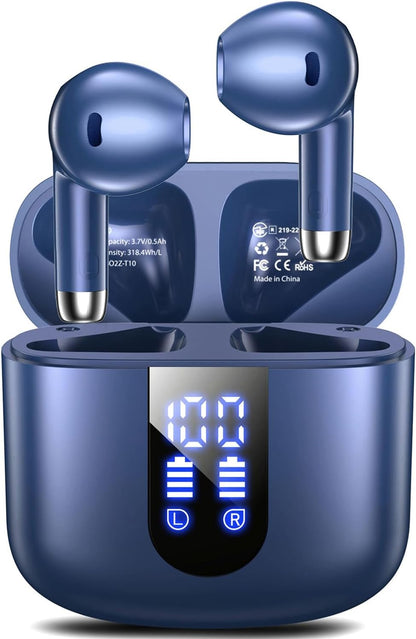 Wireless Earbuds, Bluetooth Headphones with Deep Bass Stereo, 48H Playback Ear Buds with LED Power Display Charging Case，Lightweight, IPX7, in-Ear Earphones with Mic for for Phone Tablet Laptop, Blue