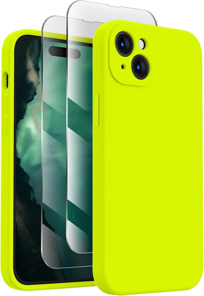 FireNova Designed for iPhone 15 Plus Case, Silicone [Camera Protection] Case with [2 Screen Protectors], Soft Anti-Scratch Microfiber Lining Inside, 6.7 inch, Fluorescent Green