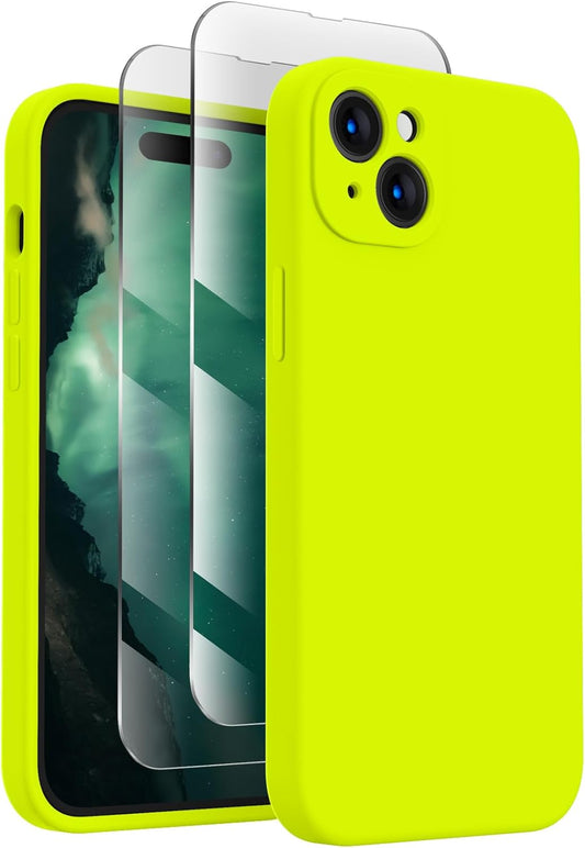 FireNova Designed for iPhone 15 Plus Case, Silicone [Camera Protection] Case with [2 Screen Protectors], Soft Anti-Scratch Microfiber Lining Inside, 6.7 inch, Fluorescent Green