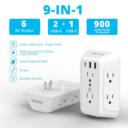 [2-Pack] USB Wall Charger,Surge Protector,6 Outlet Extender with 3 USB Charging Ports(1 USB C Outlet,3.4A) 900J Power Strip Multi Plug Outlets,Wall Mount Power Strip for Home Travel Office ETL Listed