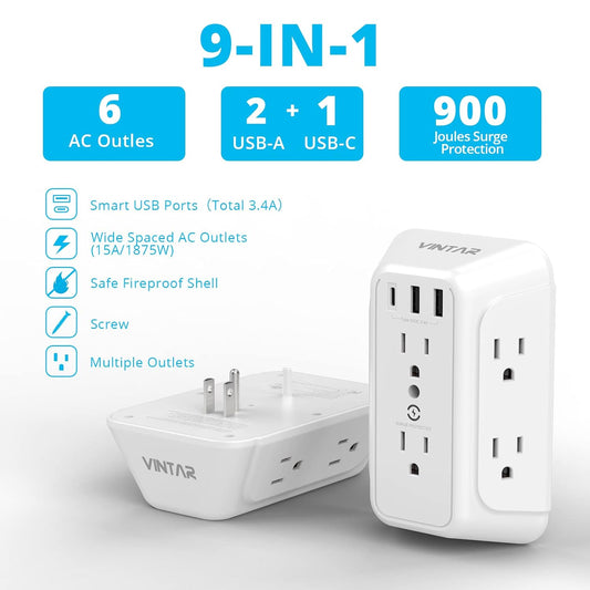 [2-Pack] USB Wall Charger,Surge Protector,6 Outlet Extender with 3 USB Charging Ports(1 USB C Outlet,3.4A) 900J Power Strip Multi Plug Outlets,Wall Mount Power Strip for Home Travel Office ETL Listed