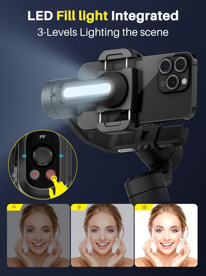 S2 Mic Smartphone Gimbal Stabilizer w/Wireless Lavalier Microphone, Built-in 18cm Extension Rod & Fill Light, Professional 3-Axis Gimbal for iPhone & Android for Video Recording
