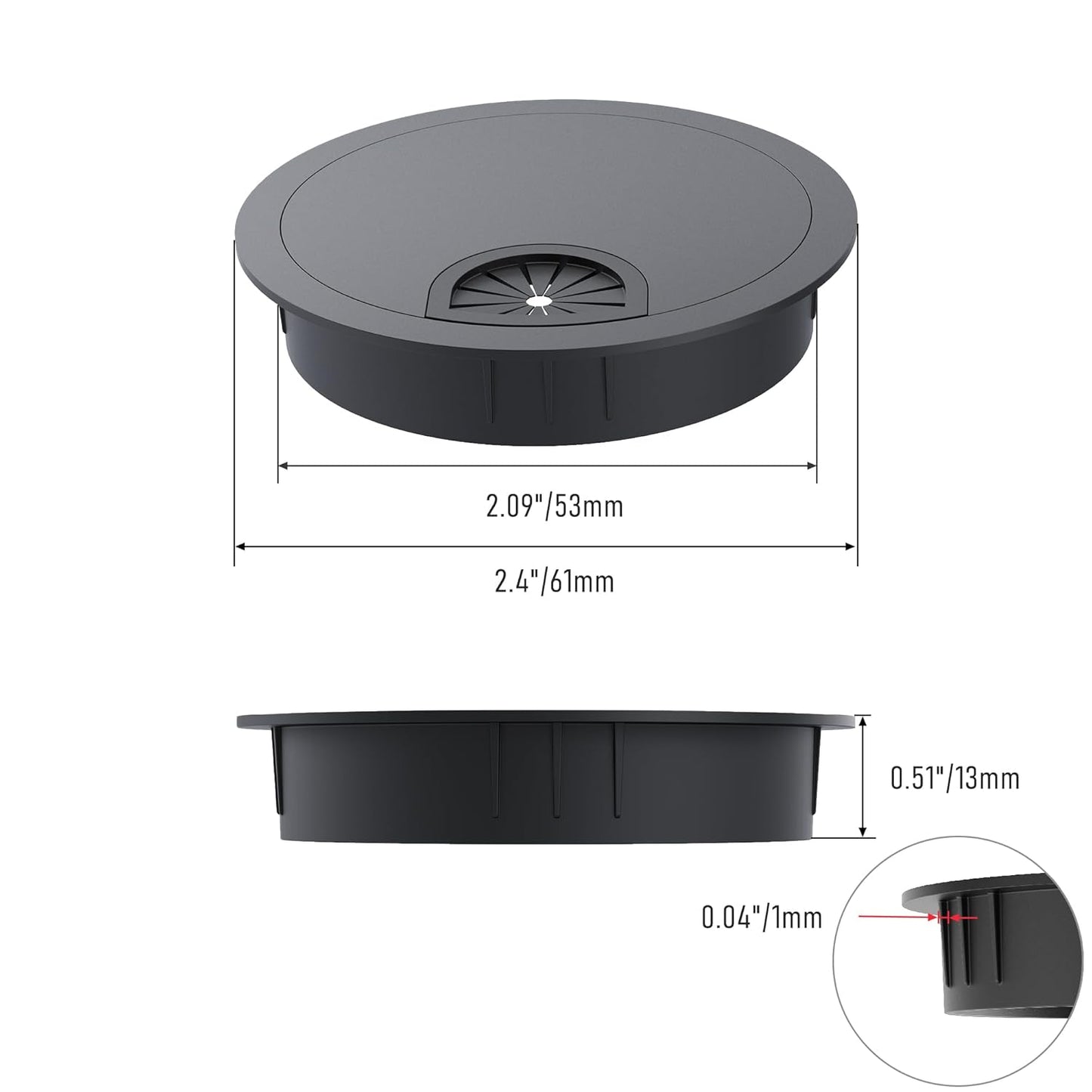Desk Grommet 2-1/8 Inch 53mm, Zinc Alloy Computer Desk Wire Hole Cover, Office Desktop Cord Cable Hole Metal Ring, Black