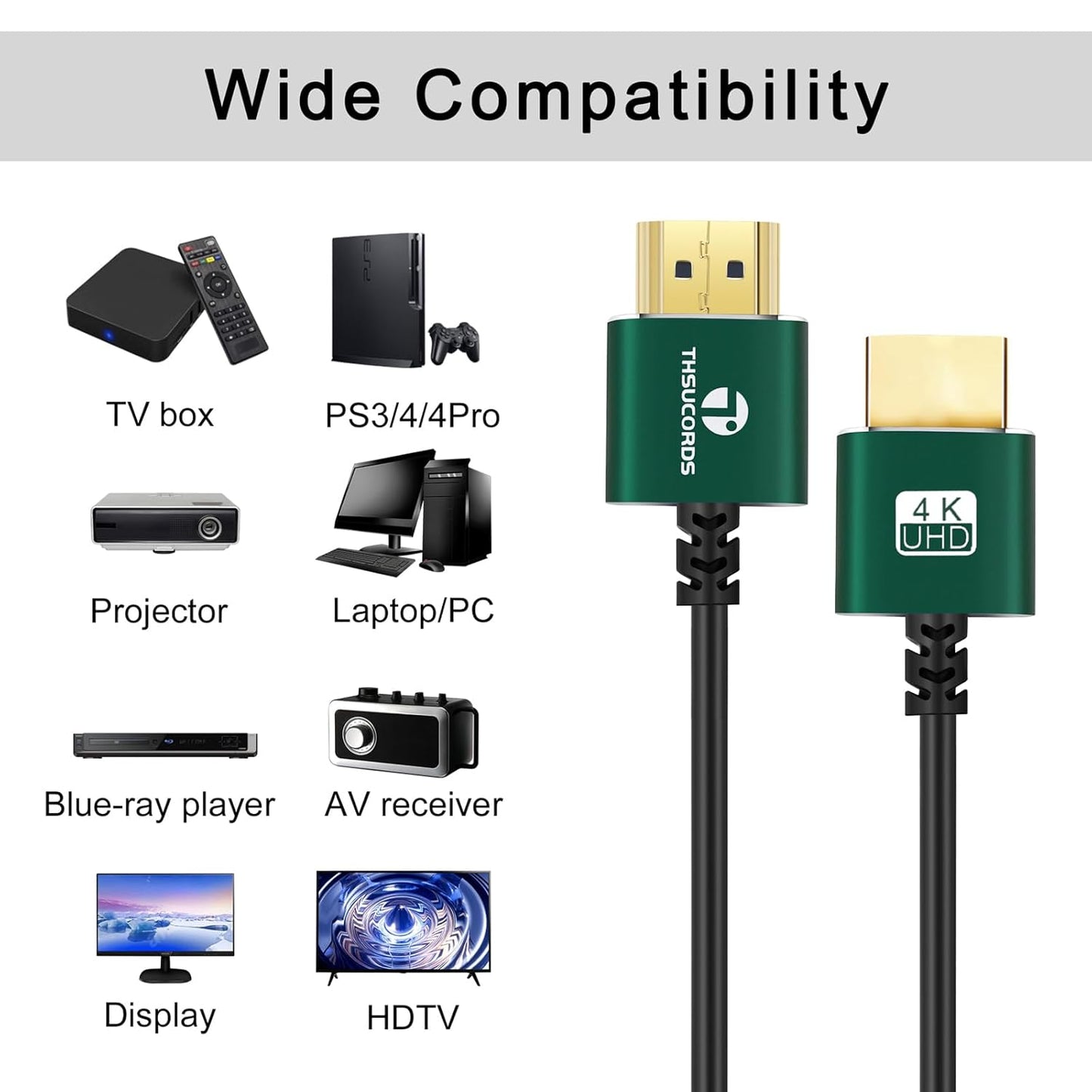 Slim HDMI Cables 15FT, Ultra Soft & Thin HDMI to HDMI Cord, Extreme Flexible & Skinny HDMI Wire Supports High Speed 4K@60Hz 18gbps 2160p 1080p