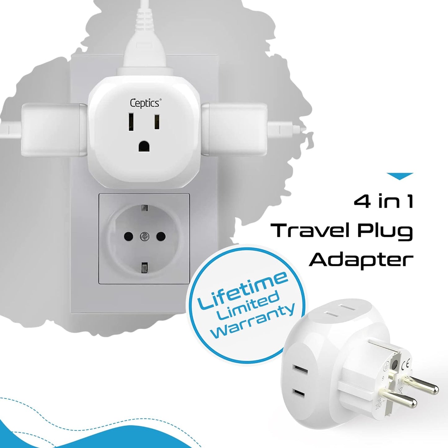 Ceptics Europe Travel Adapter Plug Set Schuko - 4 Input - Ultra Compact - Light Weight Type C, Type E/F - USA to Any Type C E/F Countries Such as Germany, France- 4 Pack (PT-9-9C-4PK),White