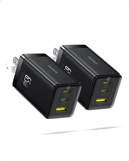 Baseus 2 Pack 65W USB C Charger Block, PPS 3-Port Fast Compact Foldable USB C Charger for MacBook, iPad Pro, Galaxy S24, iPhone 16/15 and More Series
