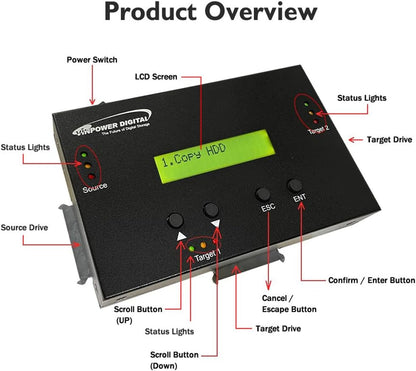 Vinpower 1 to 2 SATA 2.5" & 3.5" Hard Disk Drive/Solid State Drive (HDD/SSD) Clone Duplicator and DOD Level Eraser