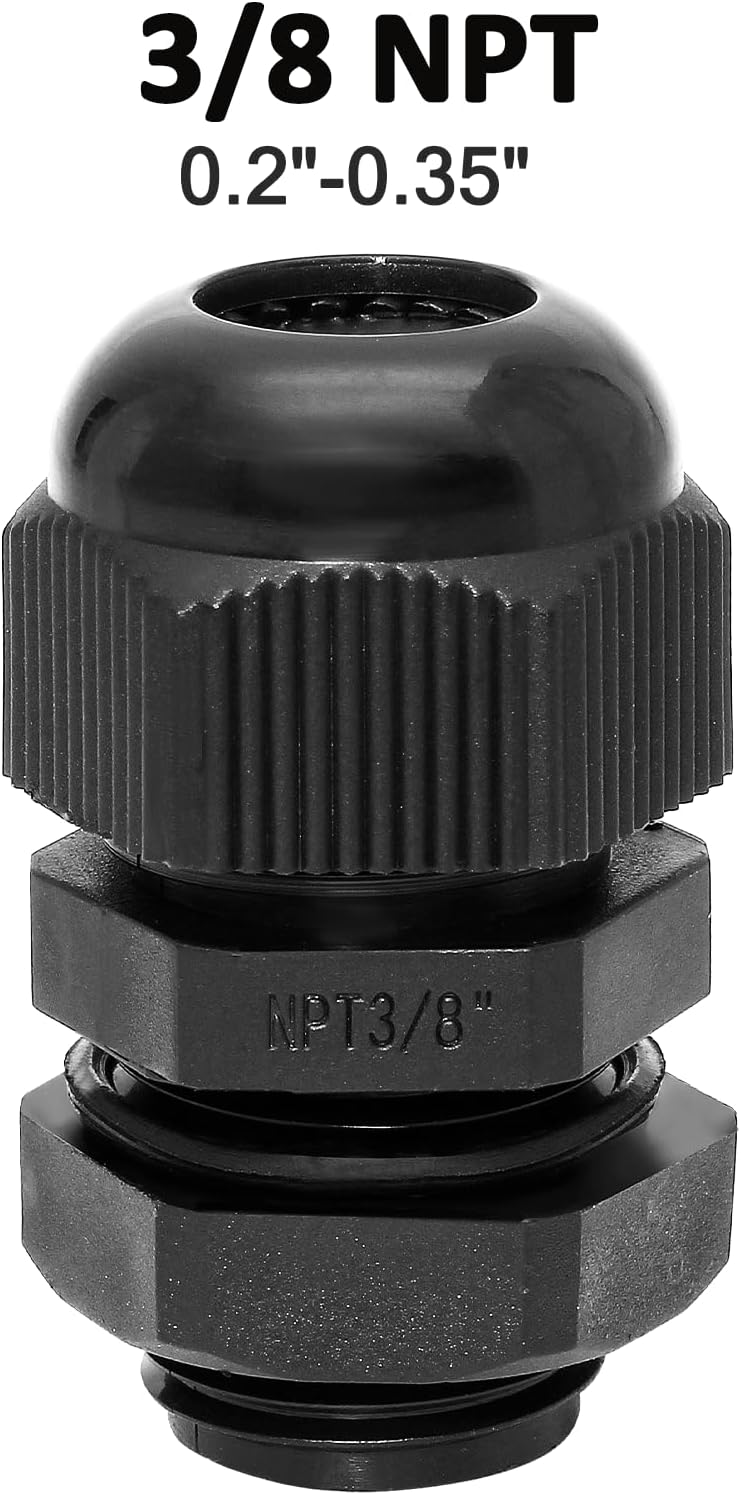 10 Pcs 3/8" NPT Nylon Cable Glands, IP68 Waterproof Adjustable Cord Grip Cable Connector Strain Relief Wire Protectors for 5-9mm Cable Diameter, Black