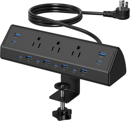 Jgstkcity 130W Desk Clamp Power Strip, 12 USB Ports (6 PD 65W USB-C),Surge Protector,ETL Listed Power Hub Extension Cord,Fast Charging Station for Home Office Desk Edge Mount (Black, 12 USB-130W)
