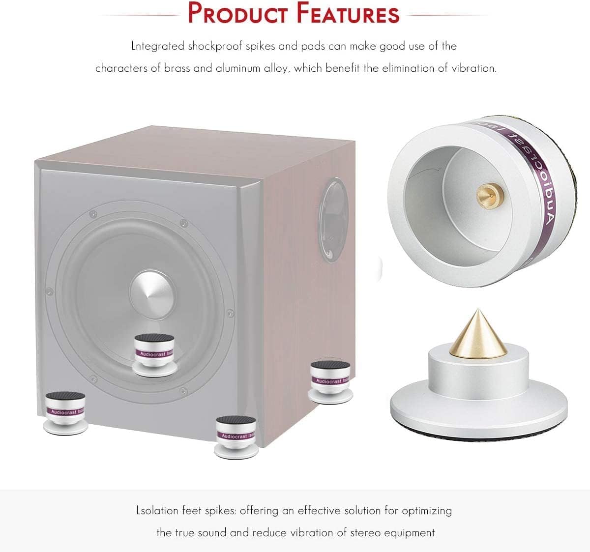 Tertullus 4 Pcs Aluminum Speaker Spike+Speaker Isolation Feet Top Pad Turntable Isolation Feet for Amplifier Speaker Turntable Player Subwoofer Silver