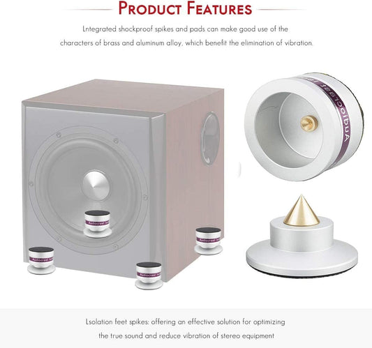 Tertullus 4 Pcs Aluminum Speaker Spike+Speaker Isolation Feet Top Pad Turntable Isolation Feet for Amplifier Speaker Turntable Player Subwoofer Silver