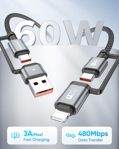 SUNGUY 4 in 1 Charging Cable 6FT [2 Pack], 60W Multi Charging Cable, USB-C/A to Lighting/C Cord for iPhone 16/15/14 Pro/iPad/MacBook/Samsung Galaxy S25/S24/Tablets