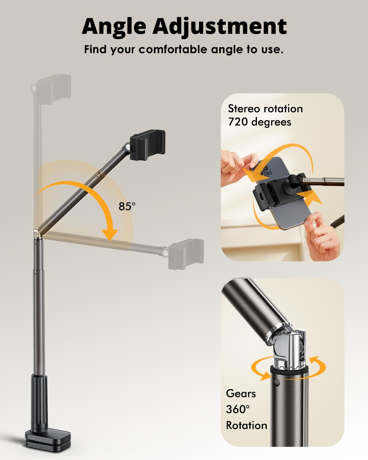 Phone Holder for Bed, 360° Rotation Cell Phone Stand, Flexible Long Arm Headboard Bedside Clip, Multi-Functional Overhead Phone Mount for 3.5-11" Phones, Tablets, Kindle, Black