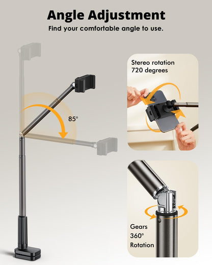 Phone Holder for Bed, 360° Rotation Cell Phone Stand, Flexible Long Arm Headboard Bedside Clip, Multi-Functional Overhead Phone Mount for 3.5-11" Phones, Tablets, Kindle, Black