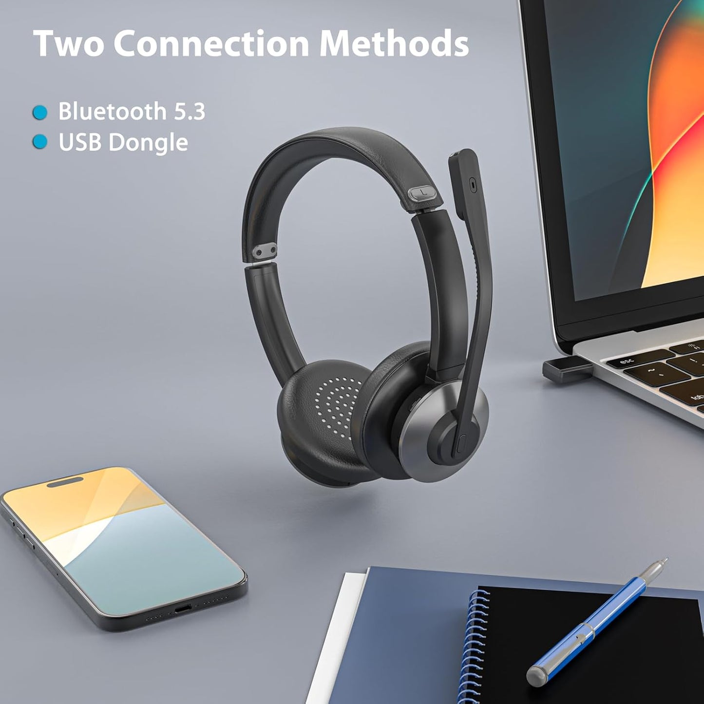Wireless Headset with Mic for Work, Wireless Headphones with Mic (AI Noise Cancellation) & USB Dongle, 26+ Hrs Working Time, Bluetooth Headset with Mute for PC/Laptop/Office/Call Center/Zoom/Home