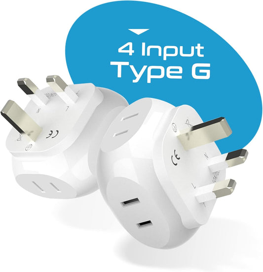 Ceptics US to UK Plug Adapter UK, Ireland Power Adapter Charger 4 Input - Ultra Compact - Light Weight - USA to Any Type G Countries Such as Hong Kong, England and More - 2 Pack (PT-7), White