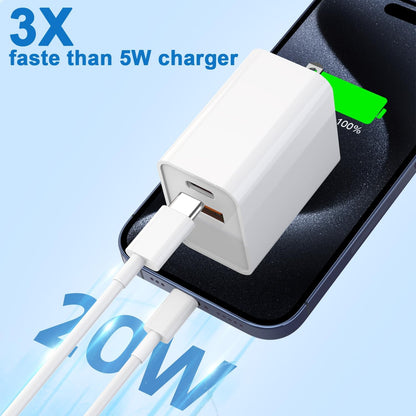 10FT iPhone 16e Fast Charger,2Pack 20W Dual Port USB C+A Power Adapter 10Foot Long USB C to C Fast Charging Cable Cord Quick Charging for iPhone 16e/16/16 Pro/15/15 Pro/Pro Max/Plus,iPad Pro/Air/Mini