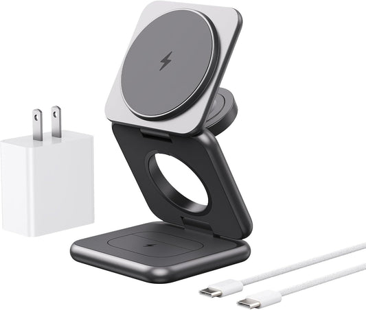 3 in 1 Charging Station for Apple Multiple Devices, Zinc Alloy Foldable Travel Wireless Charging pad for Mag-Safe Wireless Charger Stand for iPhone 16 15 14 13 12 Apple Watch Airpods