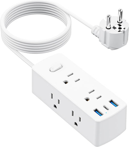 European Travel Plug Adapter, Olcorife US to Europe Type E/F Plug Adapter, International Power Strip with 6 Outlets and 3 USB(1 USB-C), 5 FT Cord for Germany France Iceland Spain