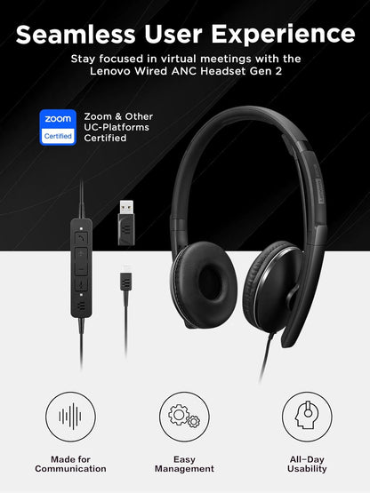 Lenovo Wired ANC Headset, USB-C and USB-A connectivity, Zoom Certified, Active Noise Cancellation, Hearing Protection, 145g Lightweight Comfortable Design, Replaceable Earcups, Business Headset