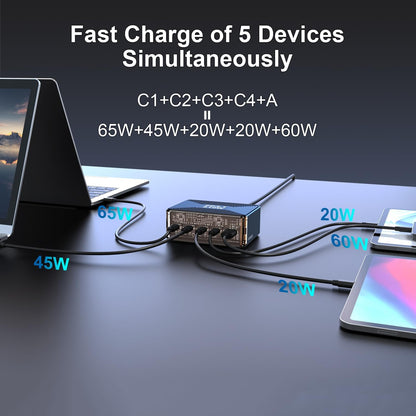210W USB C Charger, Graaci GaN 5-Port PD3.1 140W 100W PPS Fast Charging Station, Type C Laptop Wall Charger Power Adapter for MacBook Pro/Air M2, iPhone 15 Pro, Galaxy S23 Ultra, Pixel 8, Steam Deck