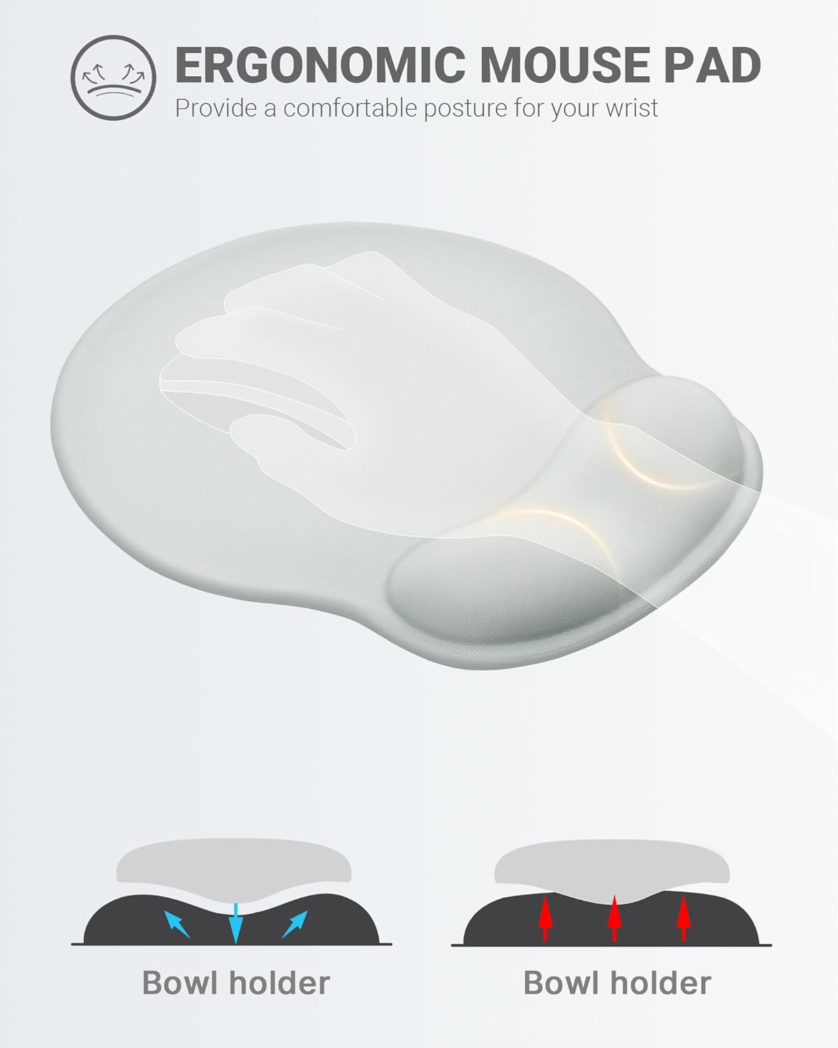 Ergonomic Mouse Pad Wrist Support, Comfortable Mouse Pad Wrist Rest, Relieve Wrist Pain Gel Mouse pad, Non-Slip Rubber Base Mousepad for Laptop, Computer, Prefect for Office(Light Gray